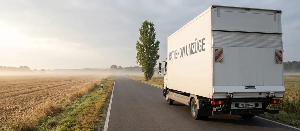 Der Umzugswagen fährt am frühen Morgen über eine Landstraße zwischen abgeernteten Feldern des Havellands