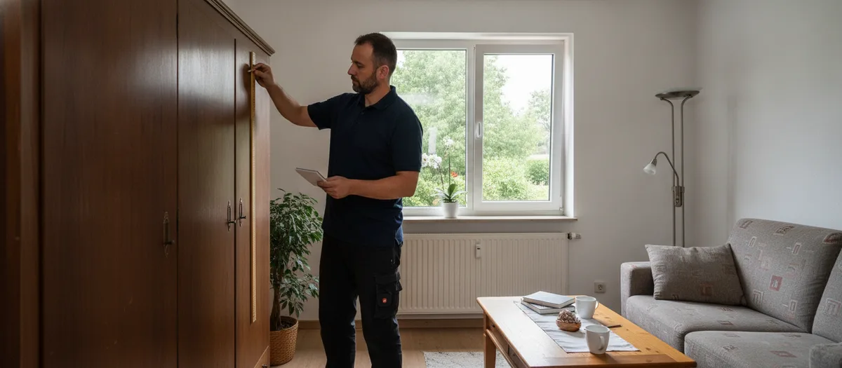 Mitarbeiter eines Umzugsunternehmens notiert beim Rundgang durch eine Wohnung den Umfang des Hausrats