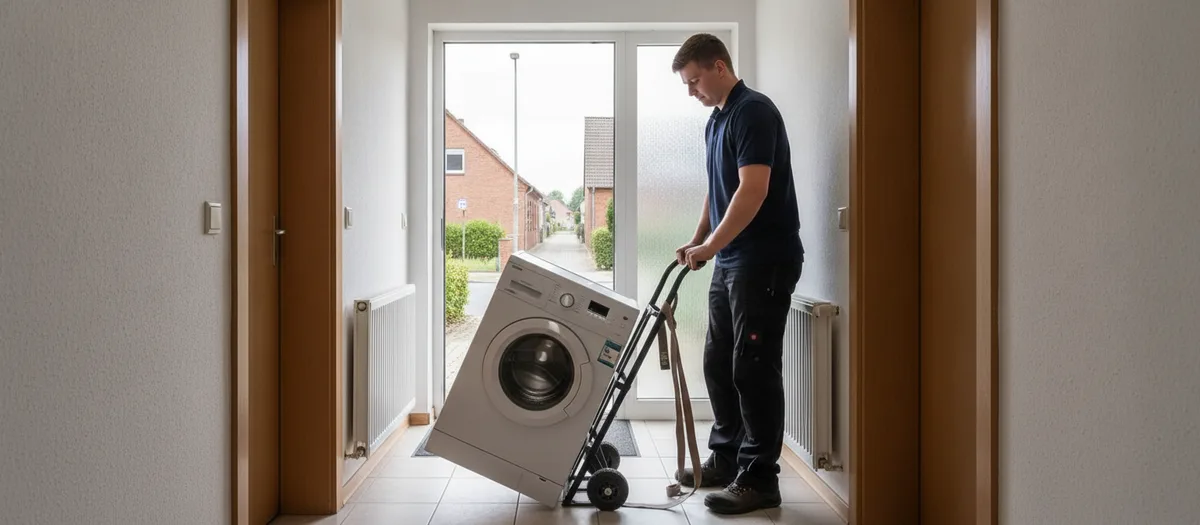 Ein Umzugshelfer bewegt eine Waschmaschine mit einer gesicherten Sackkarre durch den Hausflur zur Haustür