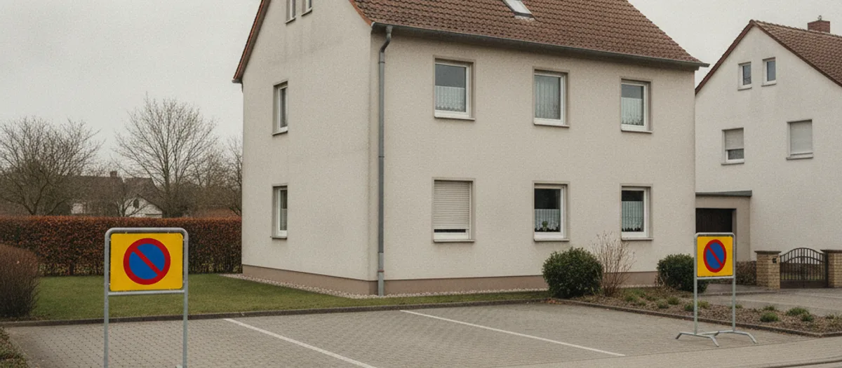 Zwei Halteverbotsschilder stehen an einer freigehaltenen Parklücke vor dem Eingang eines Wohnhauses