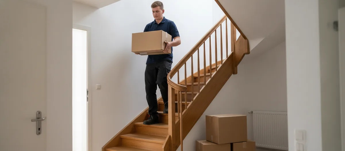 Ein Umzugshelfer trägt einen Karton über die Innentreppe eines Einfamilienhauses