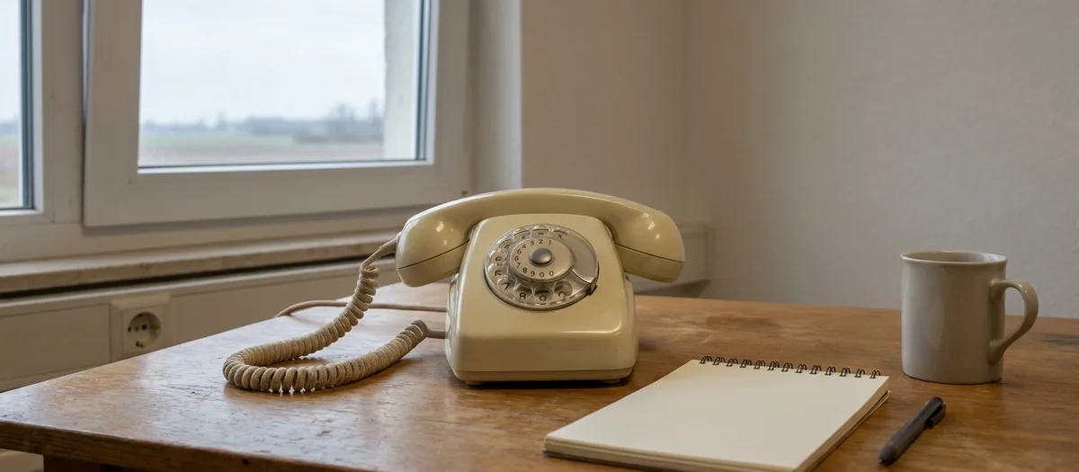 Telefon, Notizblock und Stift auf dem Schreibtisch der Disposition, durch das Fenster der Blick auf die Felder