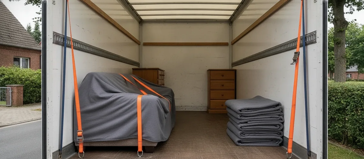 Ein Sofa steht abgedeckt und mit Spanngurten gesichert auf der Ladefläche eines Umzugswagens