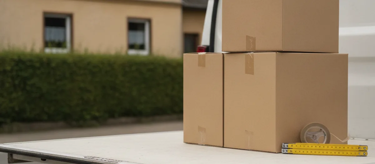 Umzugskartons stehen mit Zollstock und Klebeband auf der Ladebordwand des Wagens bereit