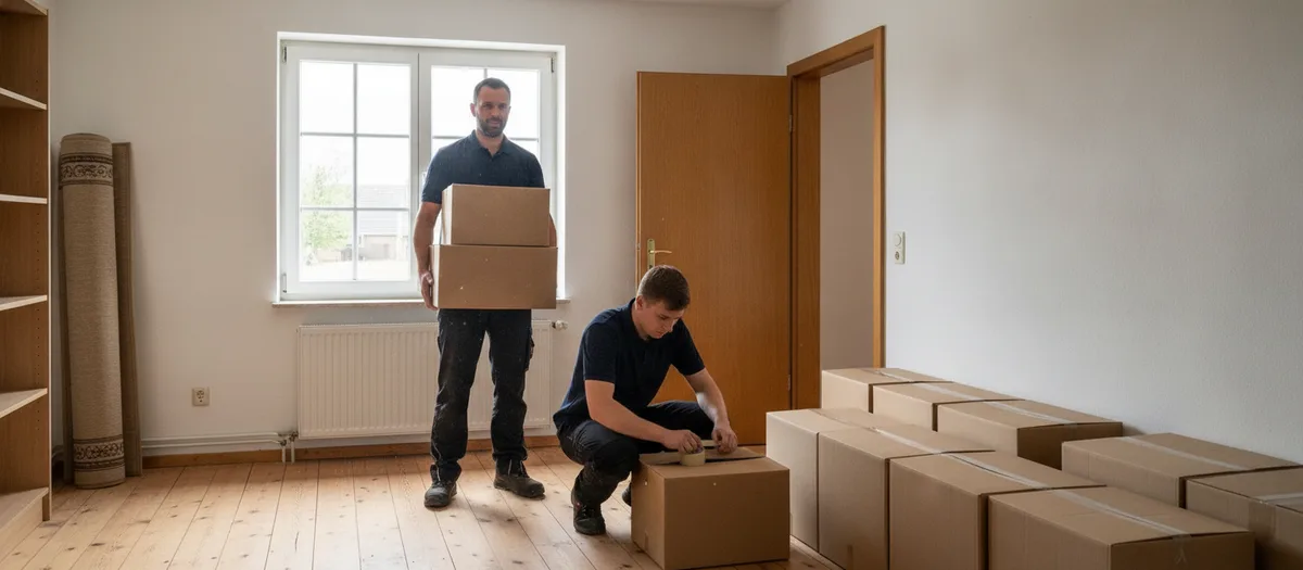 Zwei Umzugskräfte packen in einem leergeräumten Wohnzimmer, die Kartons stehen schon in Reihen