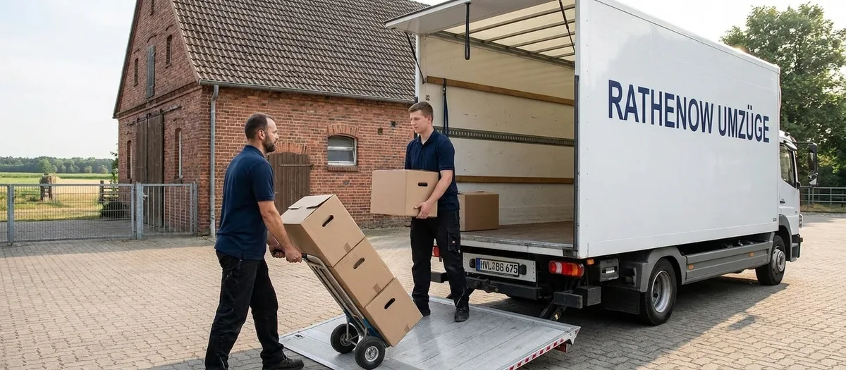 Umzugskartons werden auf einem Hof im Havelland mit der Sackkarre zur Laderampe des Umzugswagens gefahren