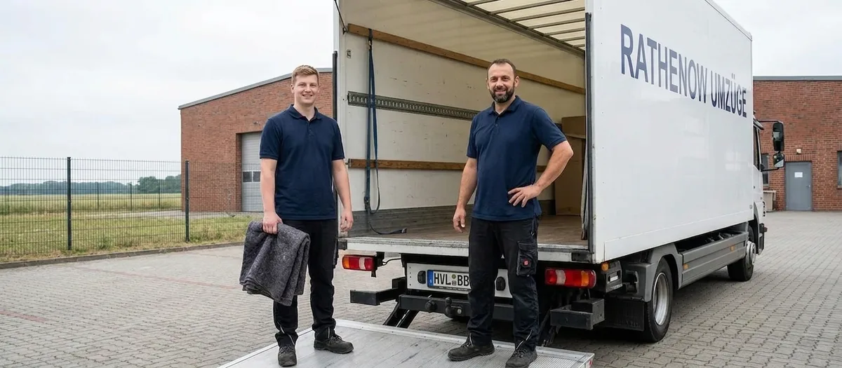 Die beiden Umzugskräfte von Rathenow Umzüge stehen am Morgen vor dem geöffneten Umzugswagen mit dem Kennzeichen HVL-BB 675