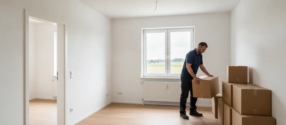 Ein Umzugshelfer stellt Kartons in einem leeren Zimmer ab, weitere stehen schon an der Wand