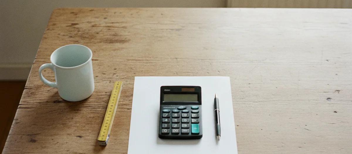 Zollstock, Taschenrechner, Stift und ein Blatt Papier liegen zum Durchrechnen auf einem Tisch