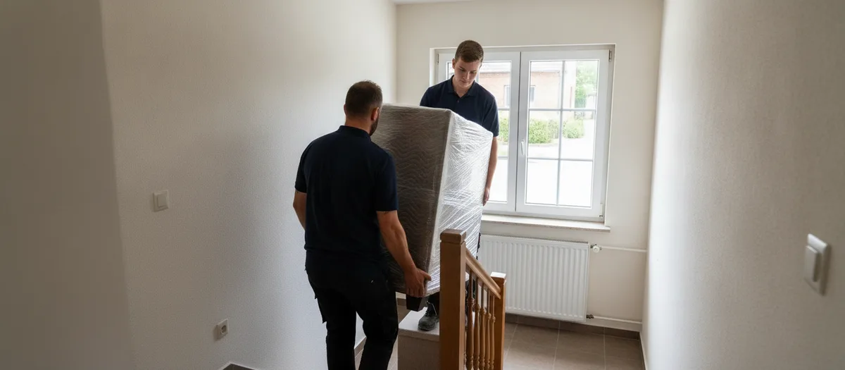 Zwei Umzugshelfer tragen ein zerlegtes Möbelstück durch ein Treppenhaus