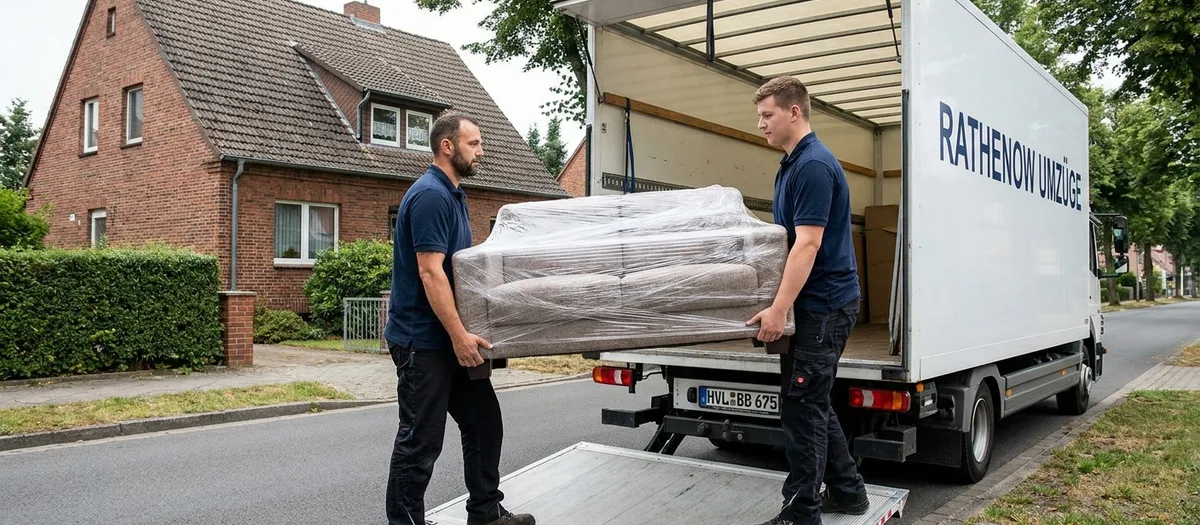 Zwei Umzugskräfte tragen ein verpacktes Sofa über die Rampe in den Umzugswagen von Rathenow Umzüge, davor ein Backsteinhaus an einer ruhigen Straße