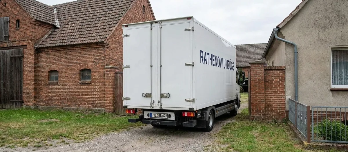 Der Umzugswagen rangiert rückwärts durch die schmale Toreinfahrt eines Havelländer Hofes