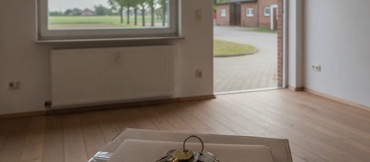 Unterlagen und ein Schlüsselbund liegen auf einem Karton in einer leeren Wohnung